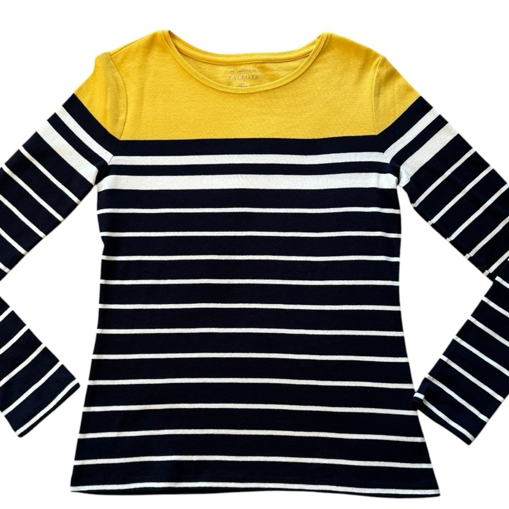 The Talbots Tee Navy Blue Yellow And White Striped 3/4 Sleeve Shirt Wom…